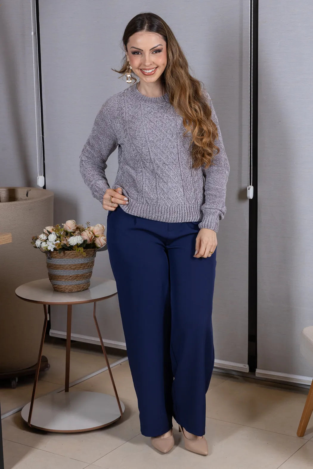 Blusa Manga Longa em Tricot Mousse Valentina Cinza