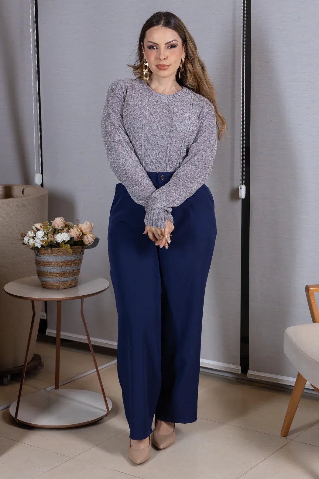 Blusa Manga Longa em Tricot Mousse Valentina Cinza