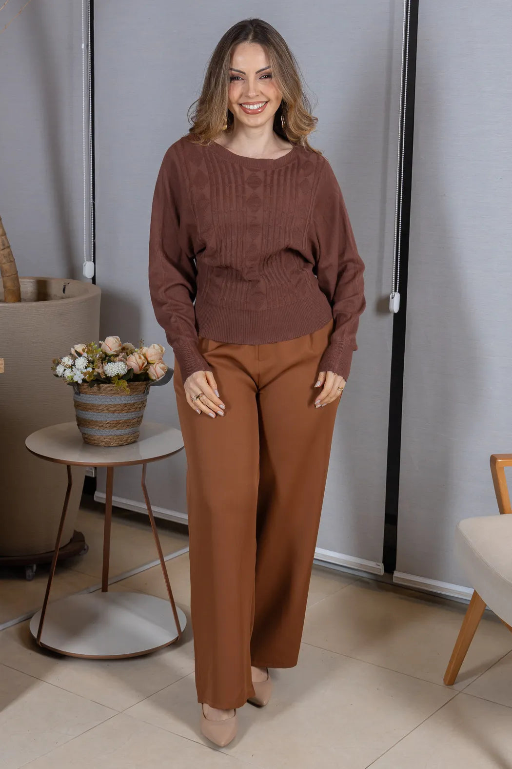 Tricot Manga Longa Ampla em Modal Jessica Marrom