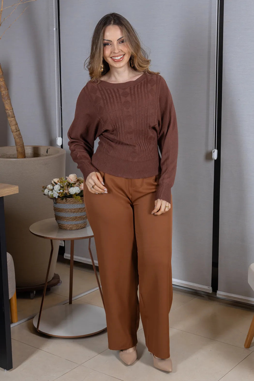 Tricot Manga Longa Ampla em Modal Jessica Marrom