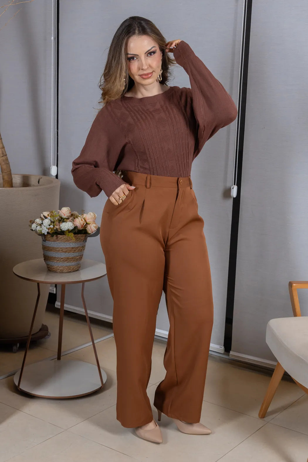 Tricot Manga Longa Ampla em Modal Jessica Marrom