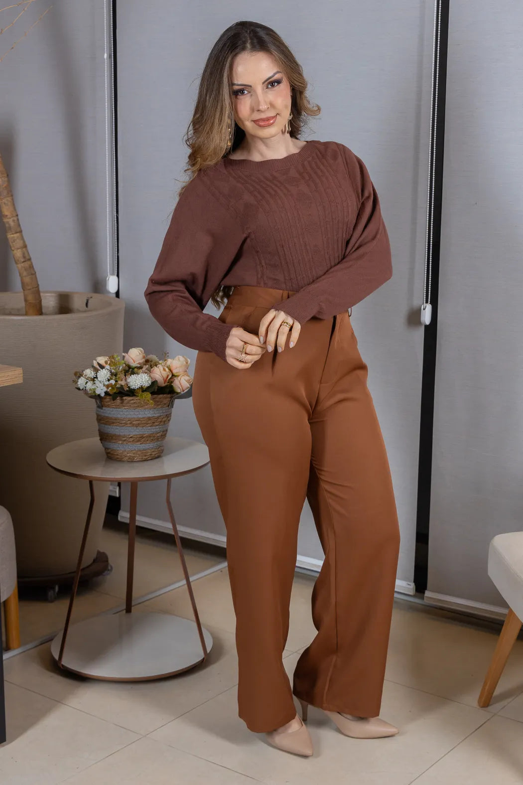 Tricot Manga Longa Ampla em Modal Jessica Marrom