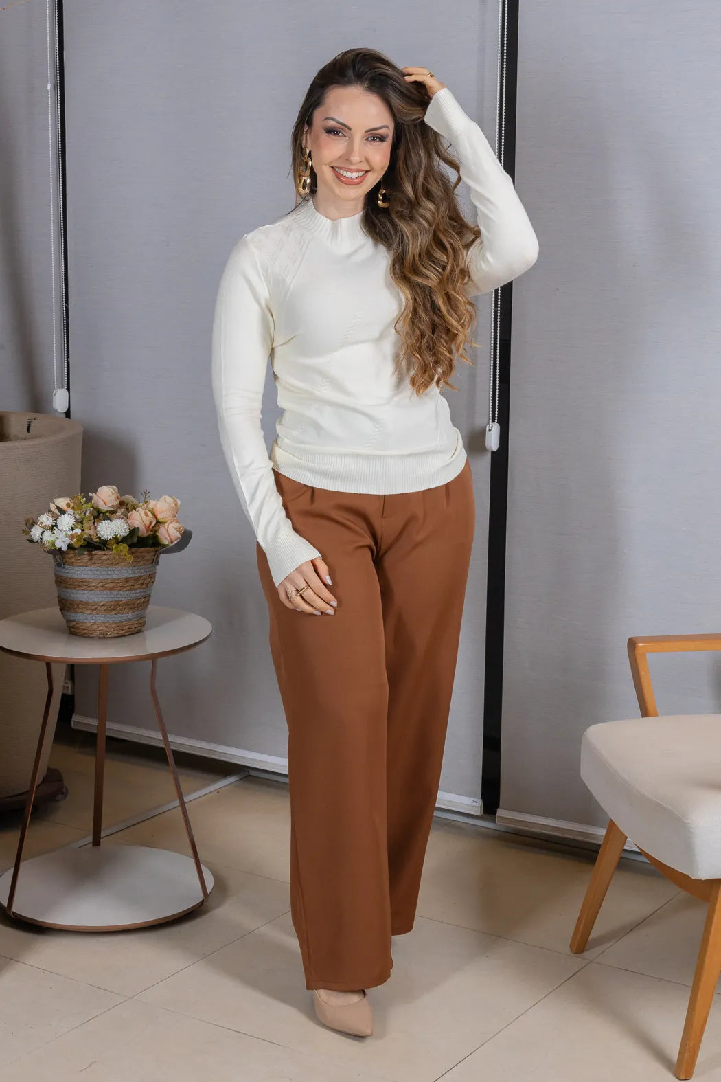 Tricot Manga Longa Meia Gola em Modal Gabriela Creme