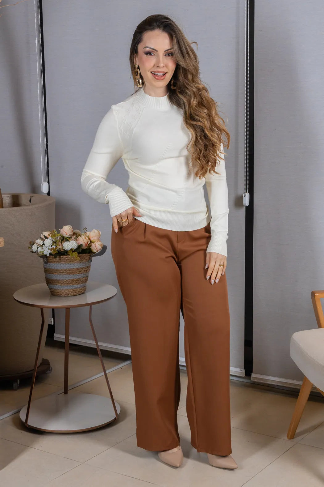Tricot Manga Longa Meia Gola em Modal Gabriela Creme