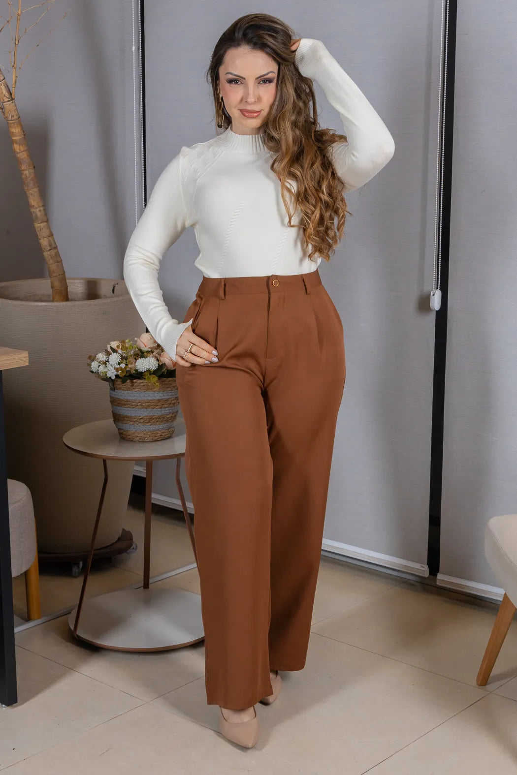 Tricot Manga Longa Meia Gola em Modal Gabriela Creme