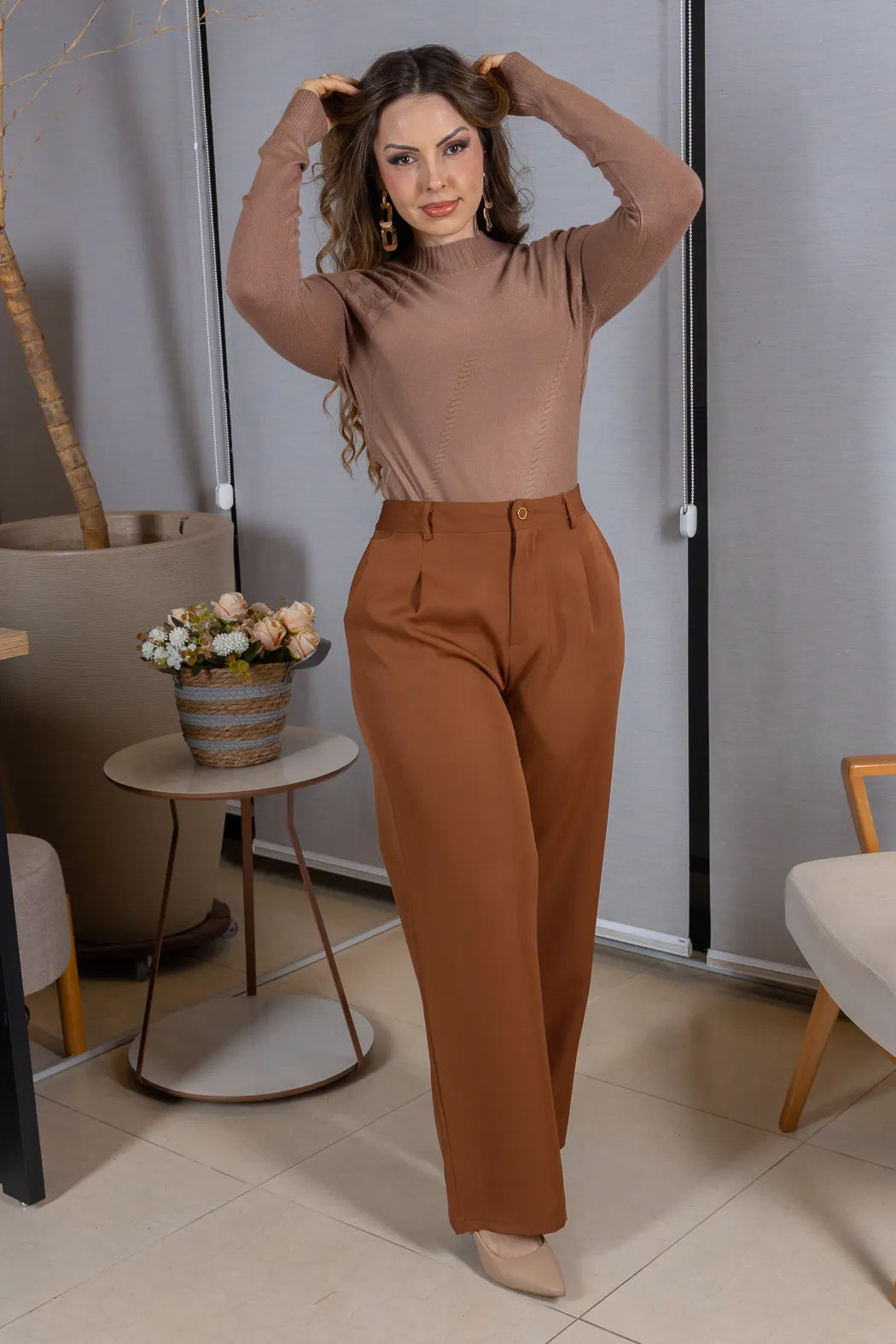 Tricot Manga Longa Meia Gola em Modal Gabriela Marrom Claro