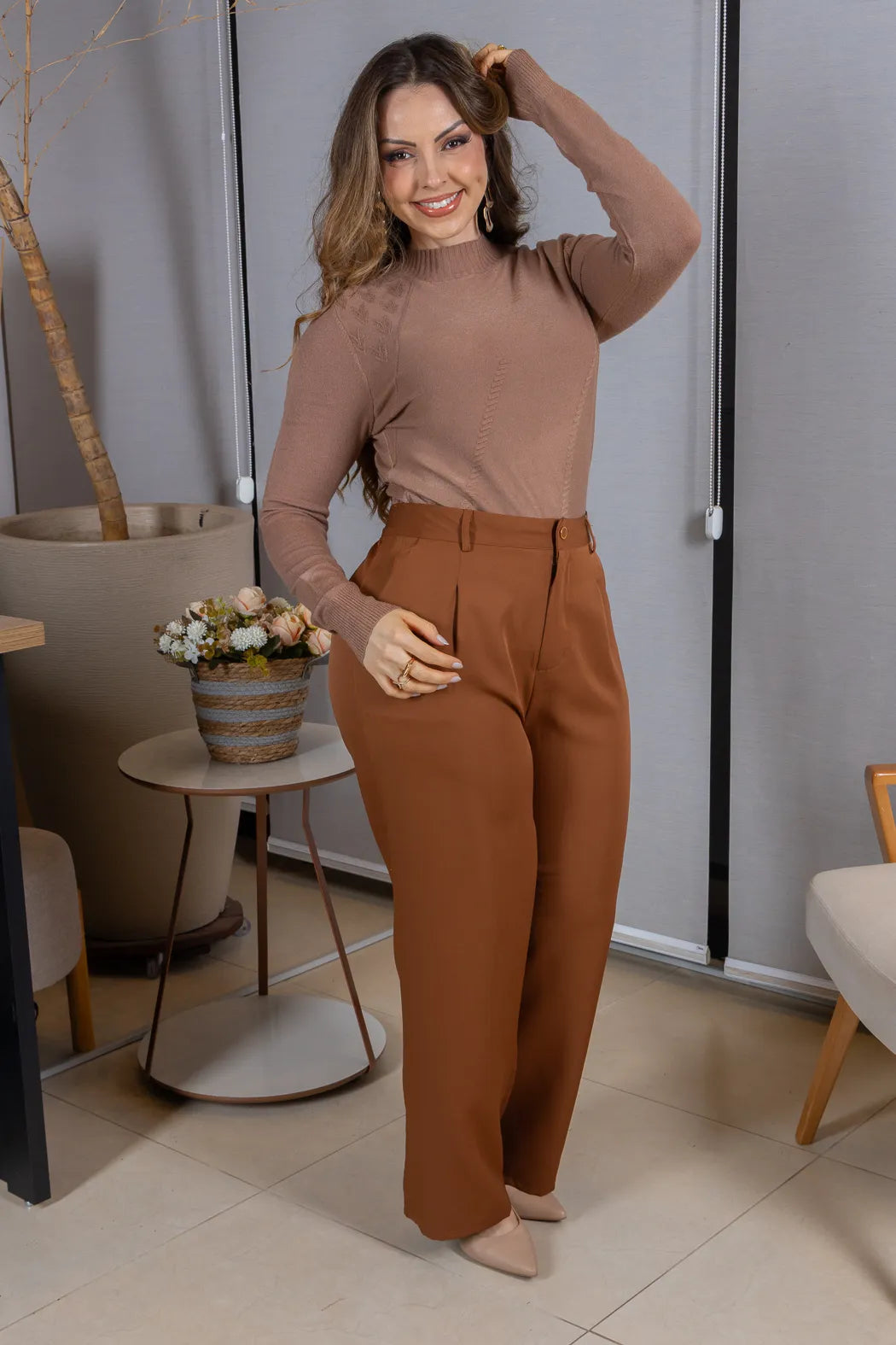 Tricot Manga Longa Meia Gola em Modal Gabriela Marrom Claro