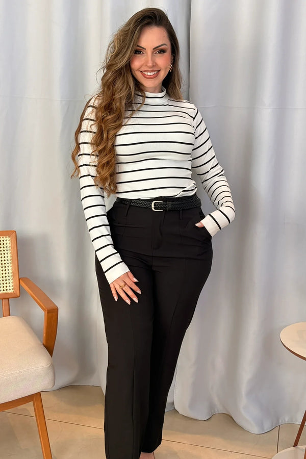 Conjunto: Blusa Gola Alta Andressa Branca + Calça Reta Bianca Preta