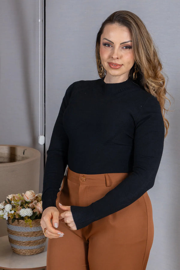 Tricot Manga Longa Meia Gola em Modal Gabriela Preto