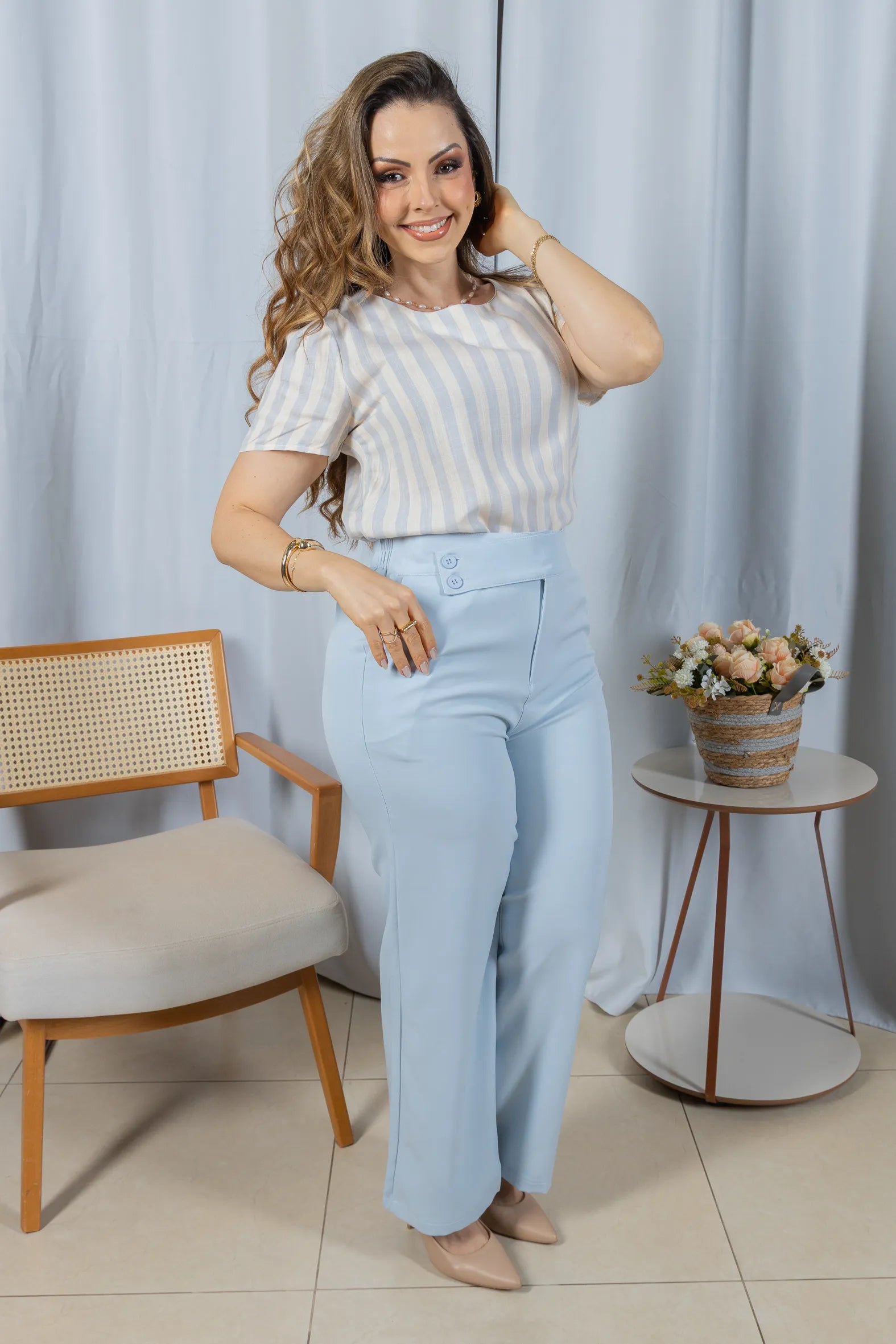 Blusa Manga Curta em Visco Rustic com Estampa Listrada Sofia Azul