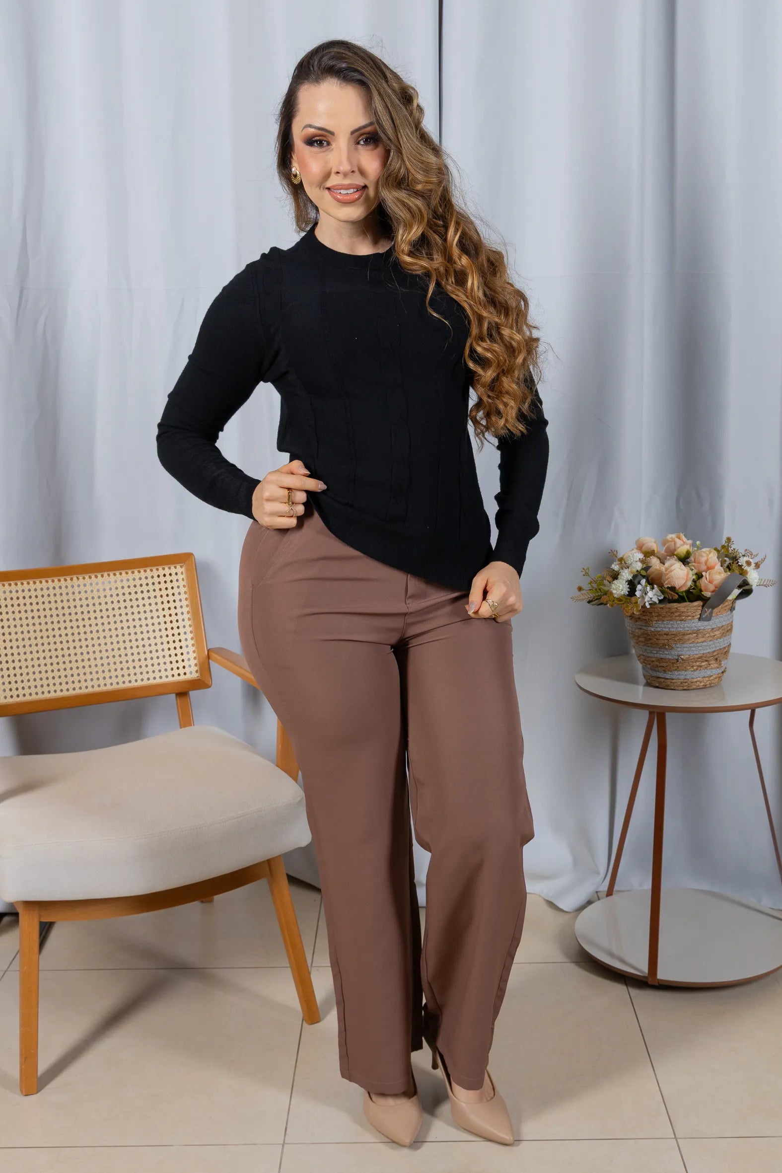 Tricot Manga Longa em Modal Violeta Preto