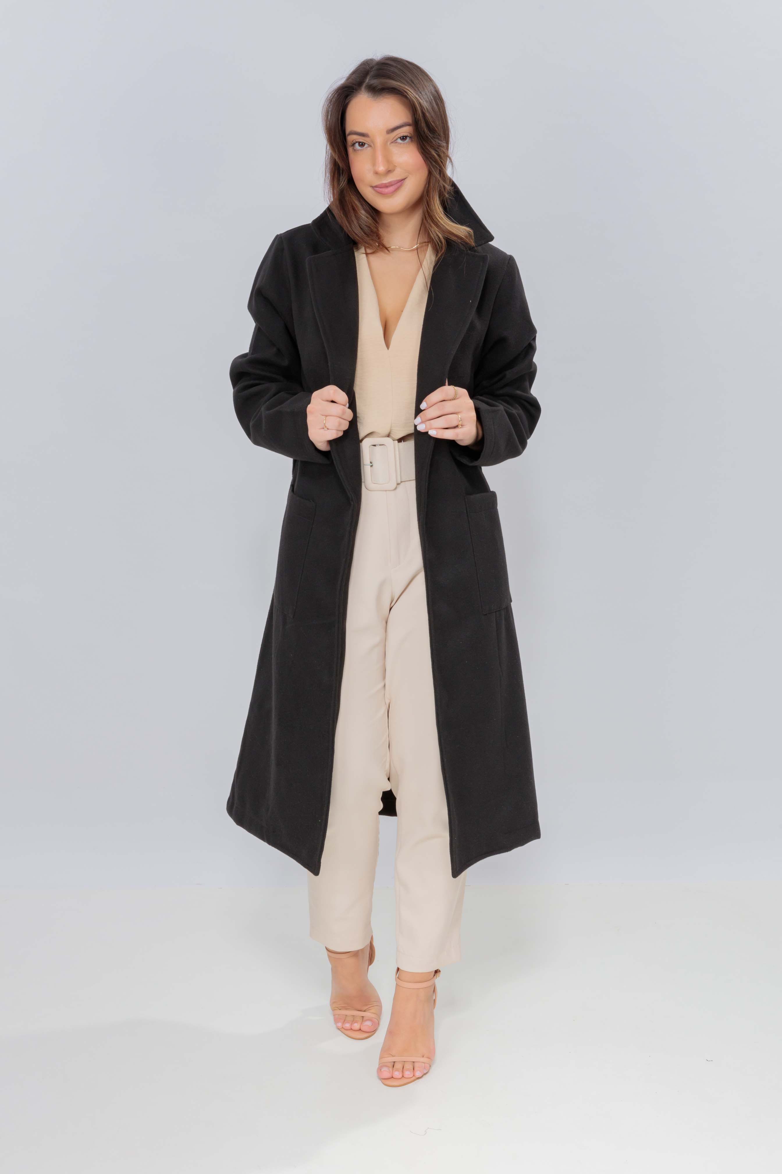 Plus Size Sobretudo Longo Feminino Preto Quintess Sobretudo Longo