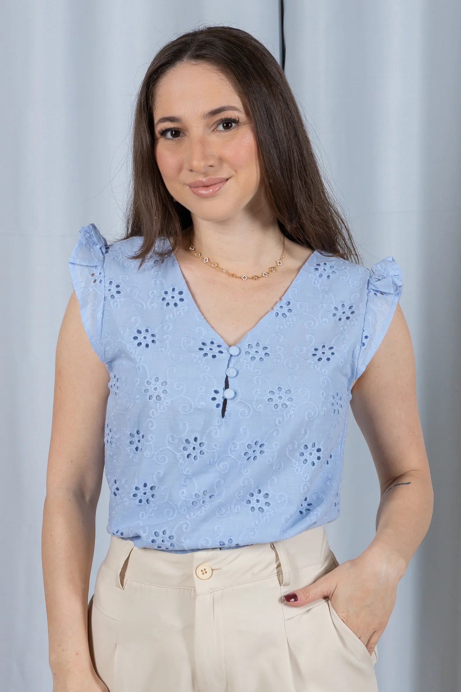 Regata Babados Detalhe Botão Em Cotton Laise Estela Azul