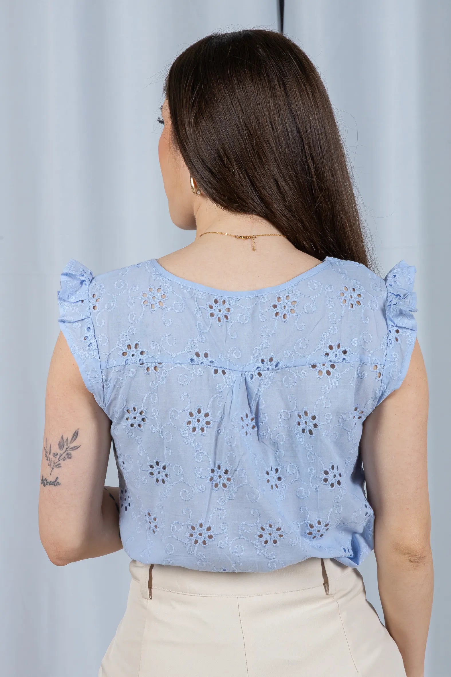 Regata Babados Detalhe Botão Em Cotton Laise Estela Azul