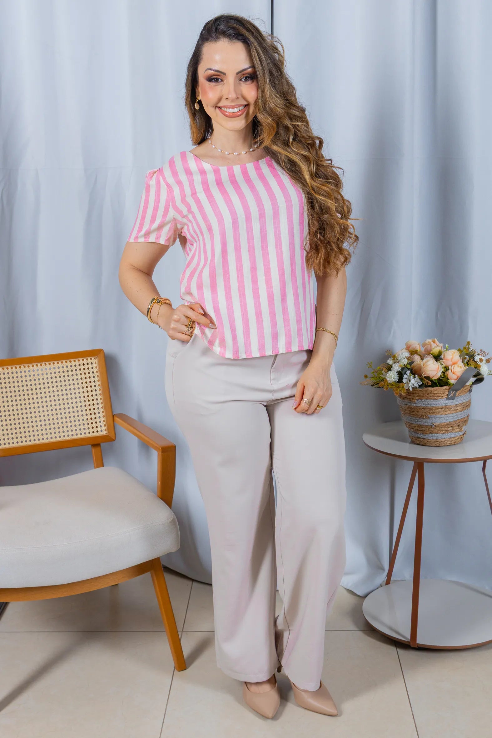 Blusa Manga Curta em Visco Rustic com Estampa Listrada Sofia Rosa