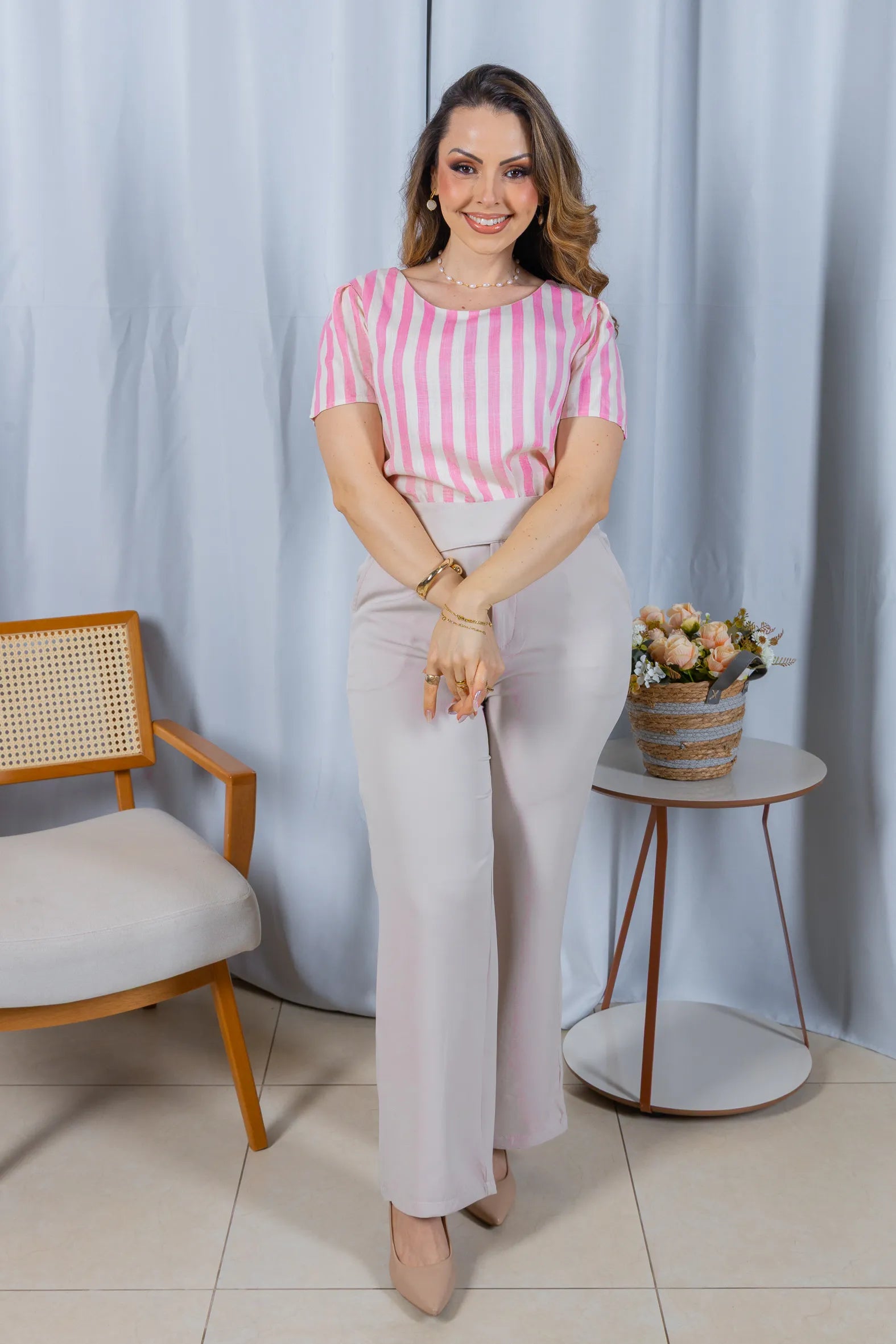 Blusa Manga Curta em Visco Rustic com Estampa Listrada Sofia Rosa