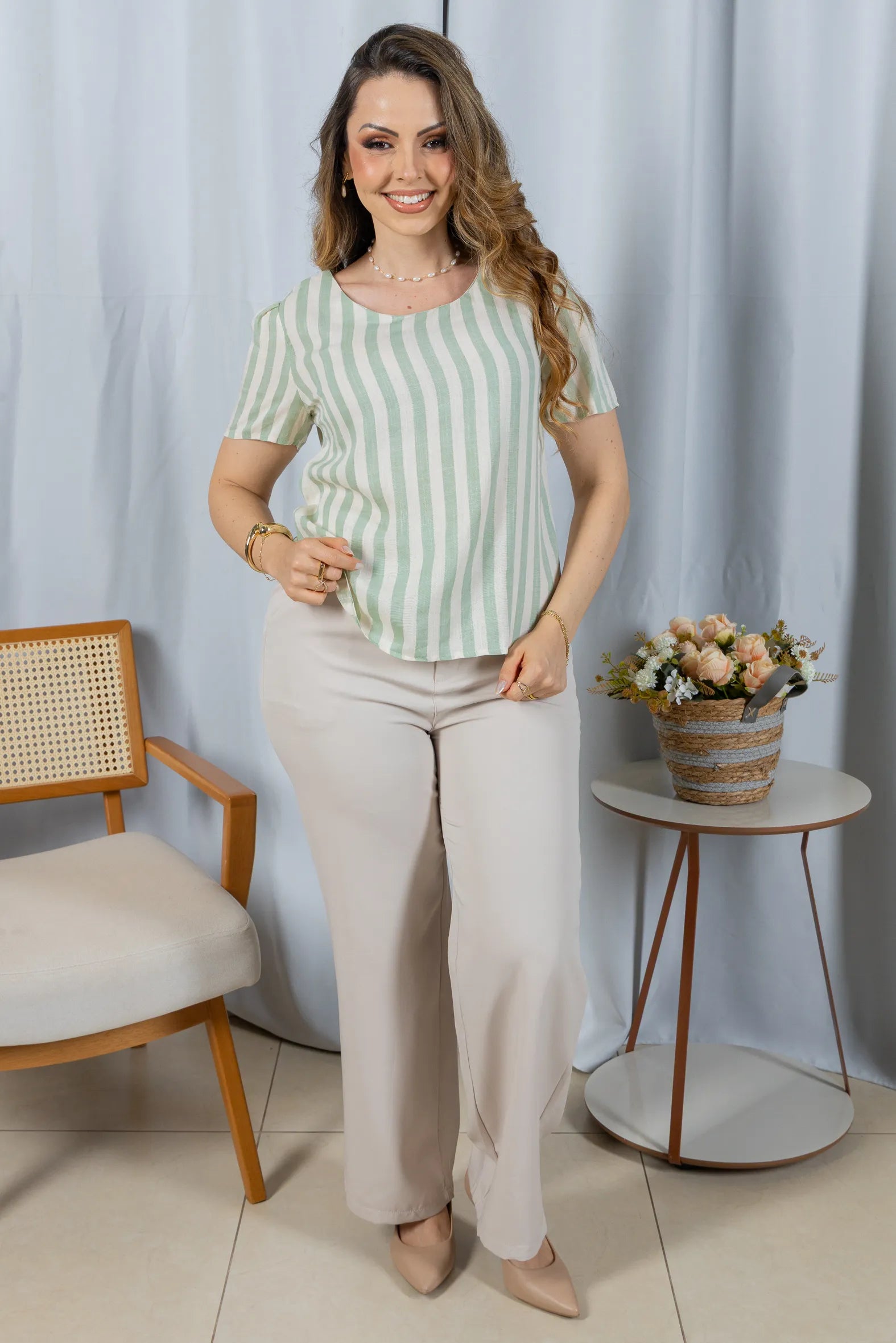 Blusa Manga Curta em Visco Rustic com Estampa Listrada Sofia Verde