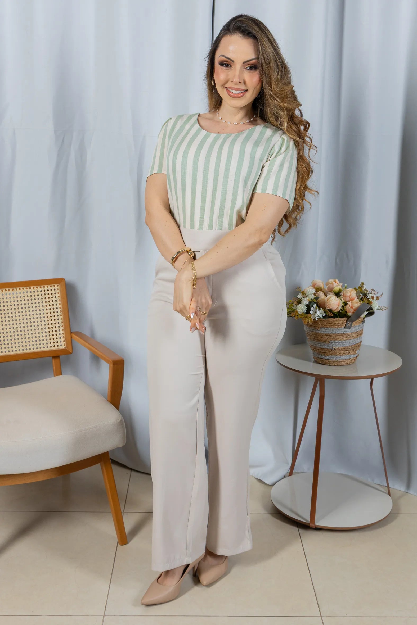 Blusa Manga Curta em Visco Rustic com Estampa Listrada Sofia Verde