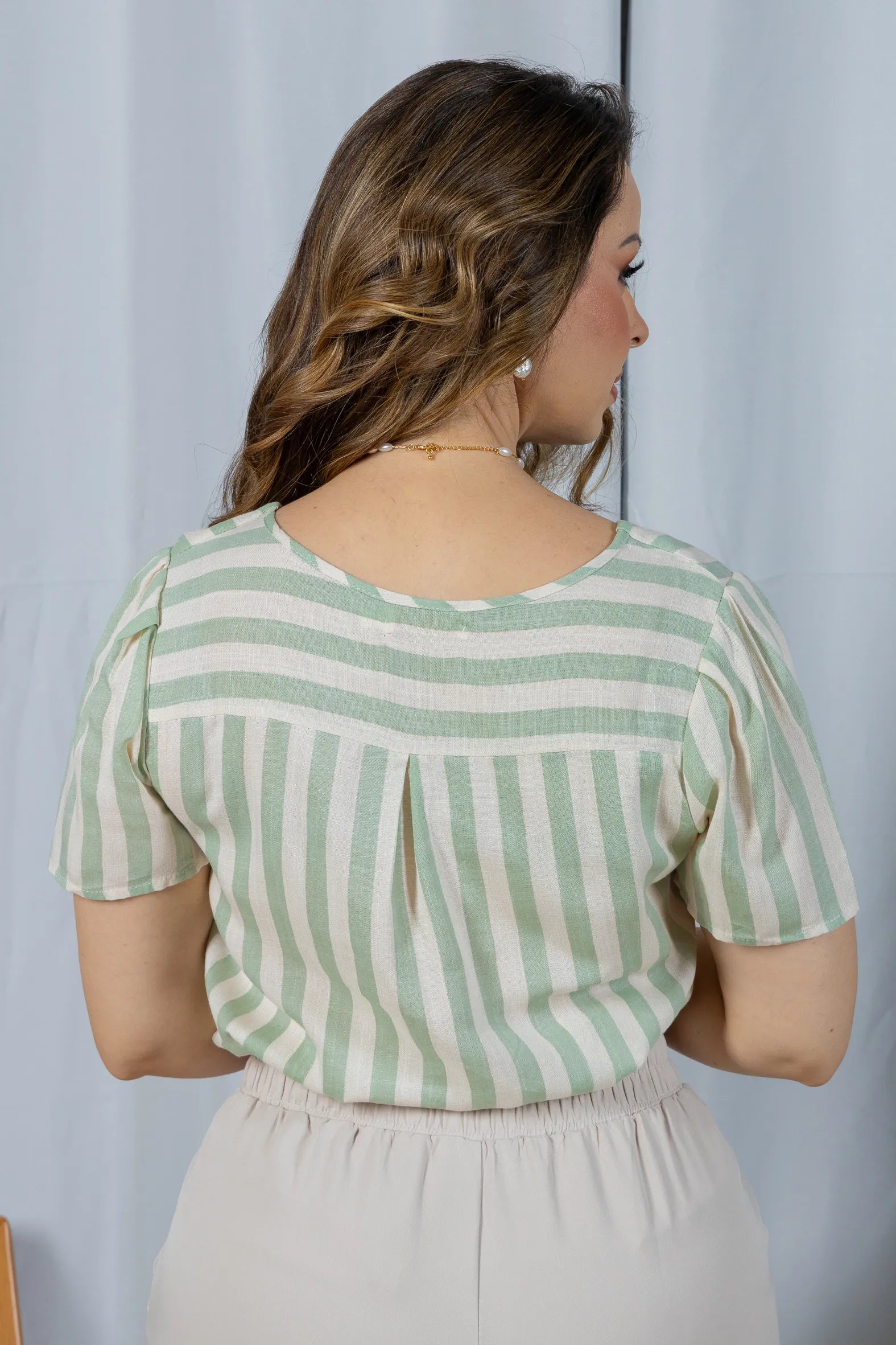 Blusa Manga Curta em Visco Rustic com Estampa Listrada Sofia Verde