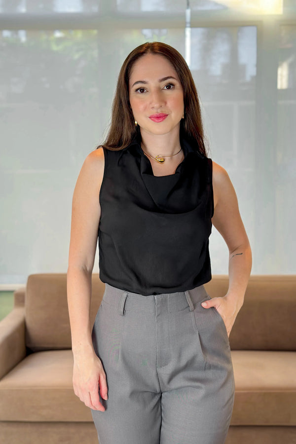 Regata Em Chiffon Detalhe Gola Lidia Preta