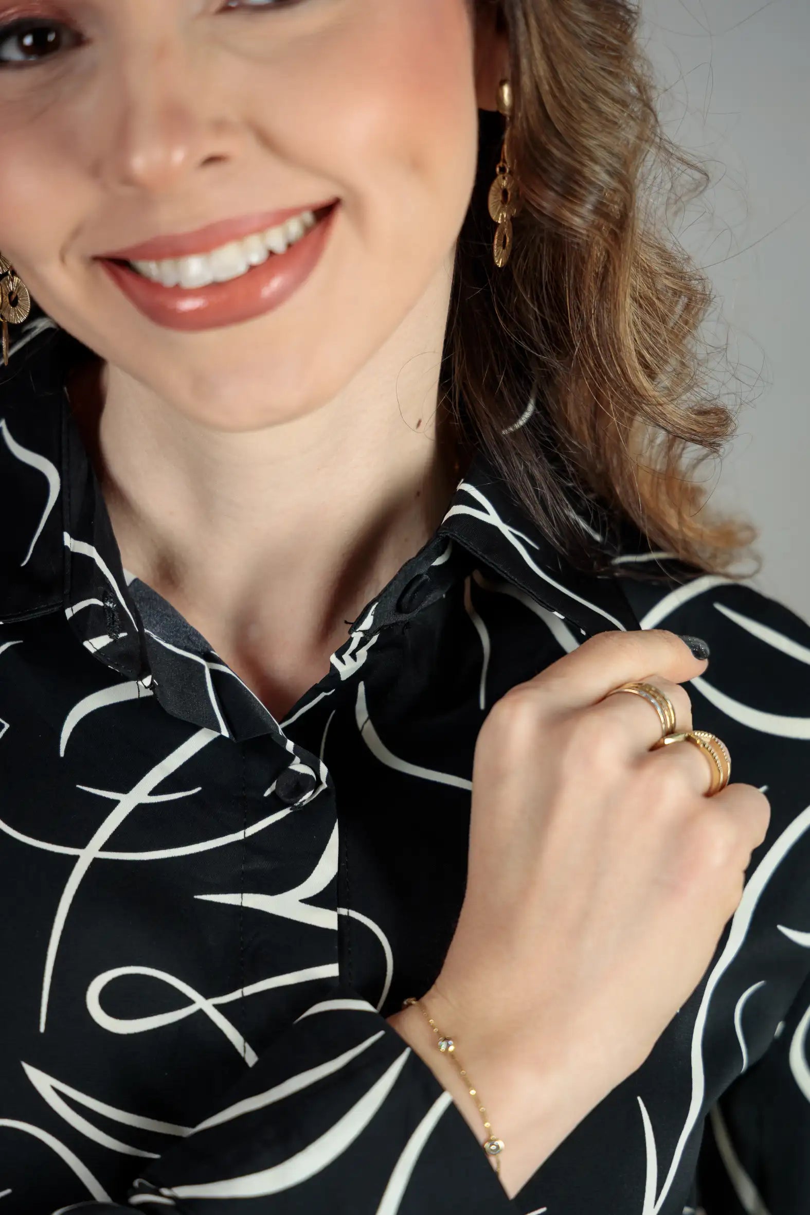 Camisa Manga Longa Crepe Classic Elaine Estampada Preta