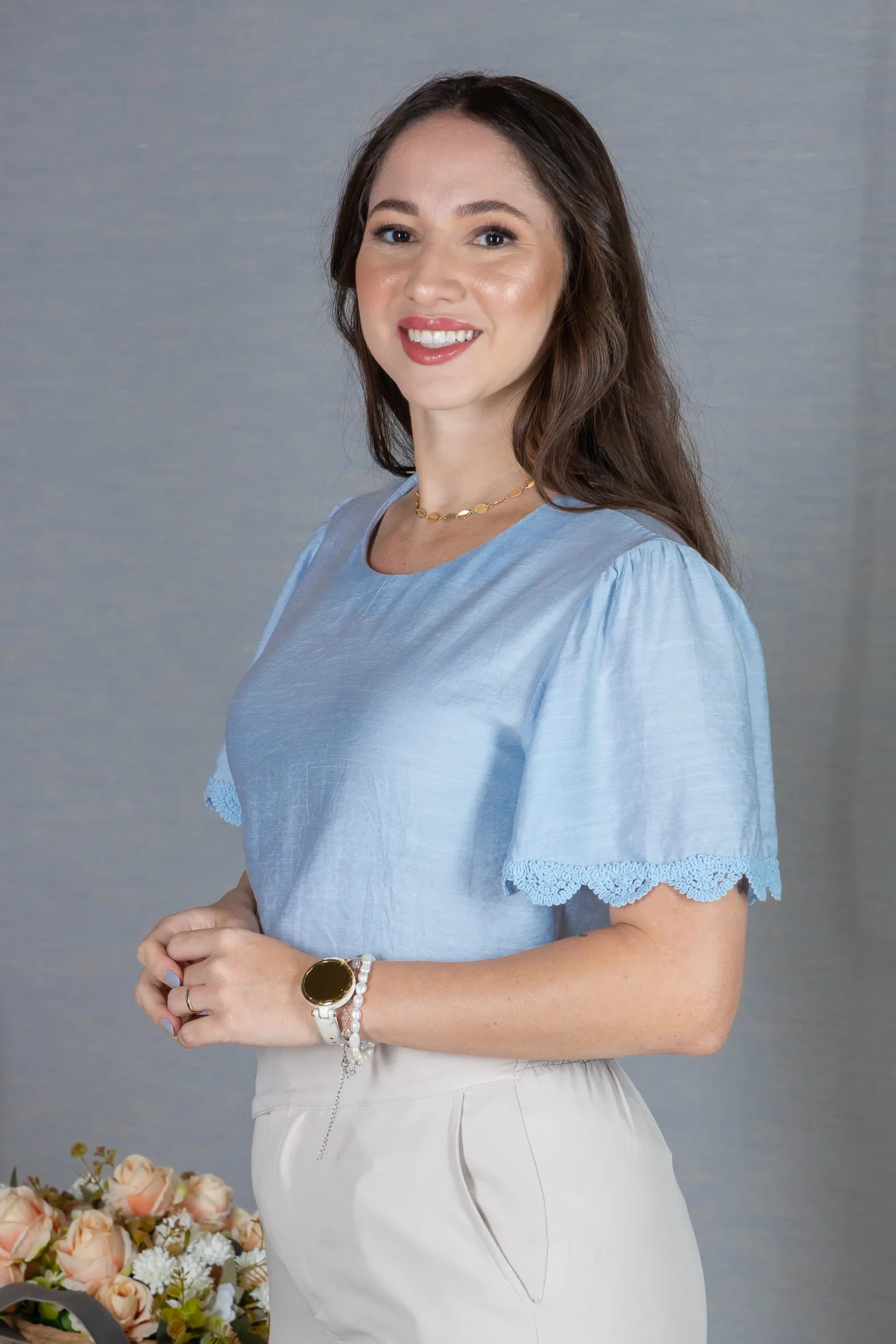 Blusa Manga Curta com Detalhes Bordados em Visco Soft Wanda Azul
