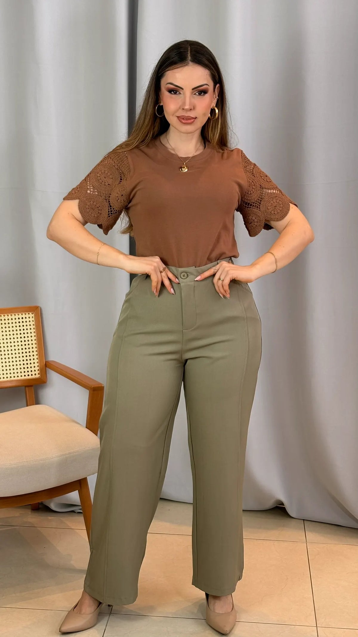 Conjunto: Blusa Geisa Marrom + Calça Joyce Verde