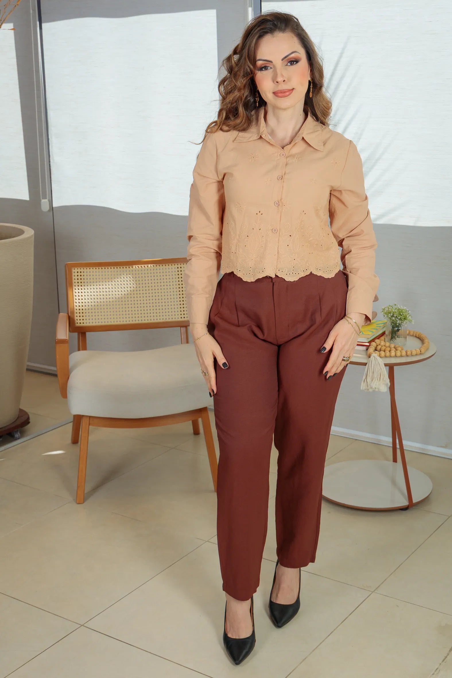Camisa Em Laise Roseli Bege