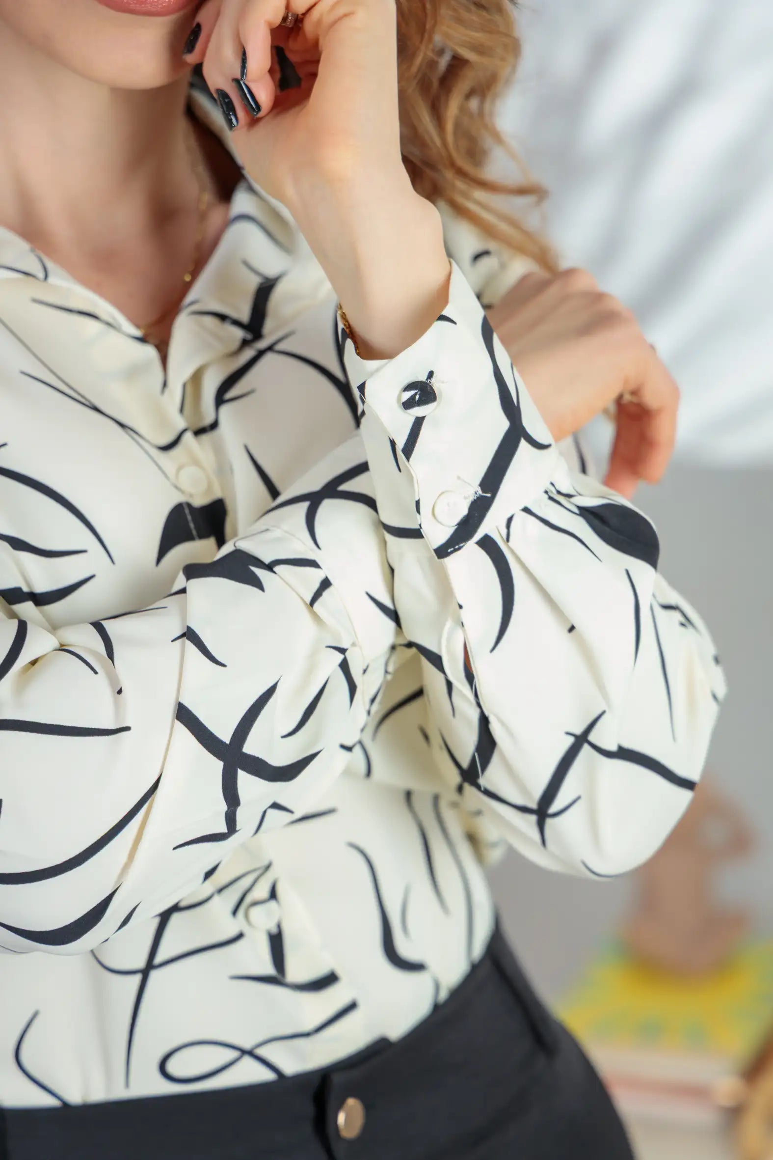 Camisa Manga Longa Crepe Classic Elaine Estampada Branca