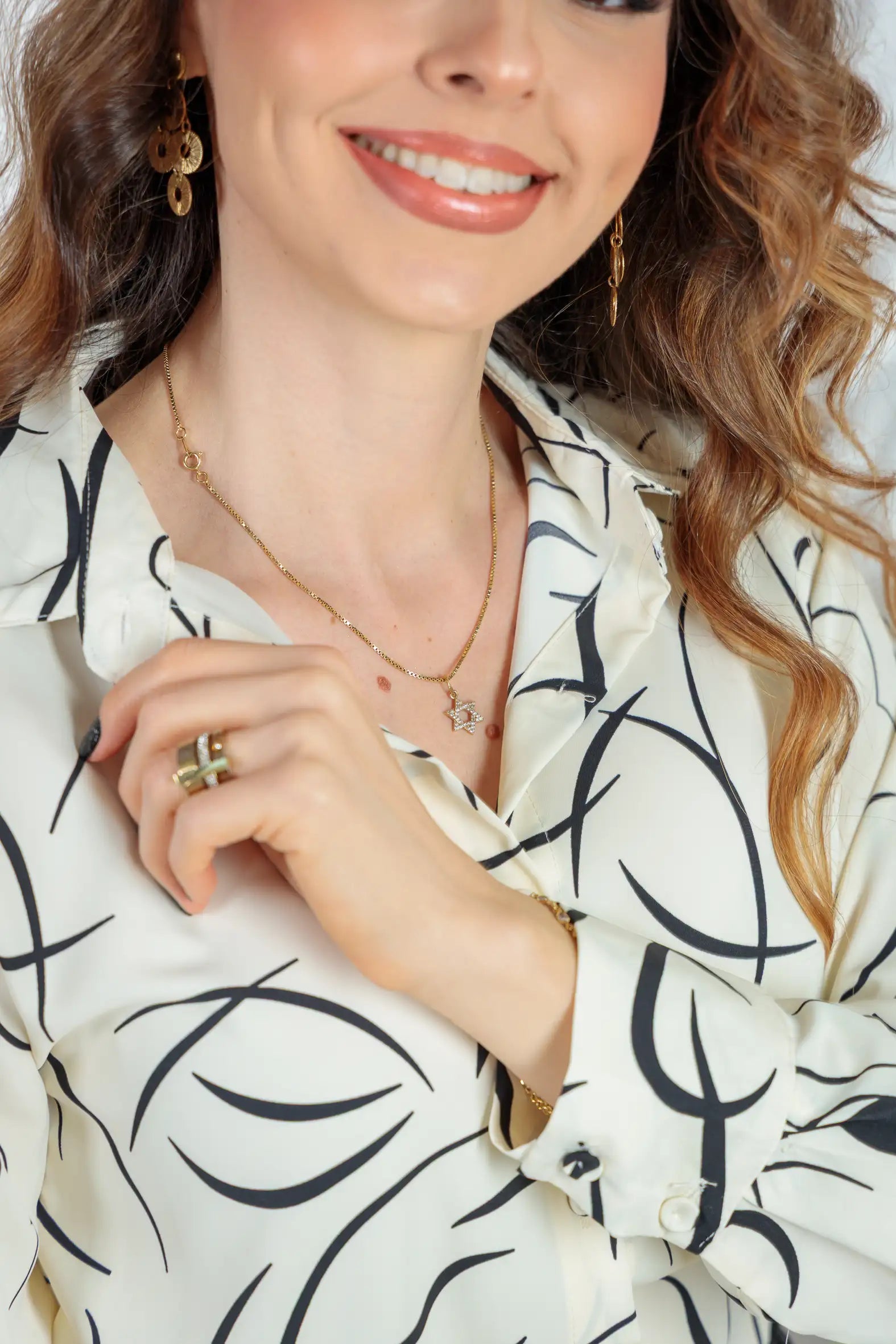 Camisa Manga Longa Crepe Classic Elaine Estampada Branca