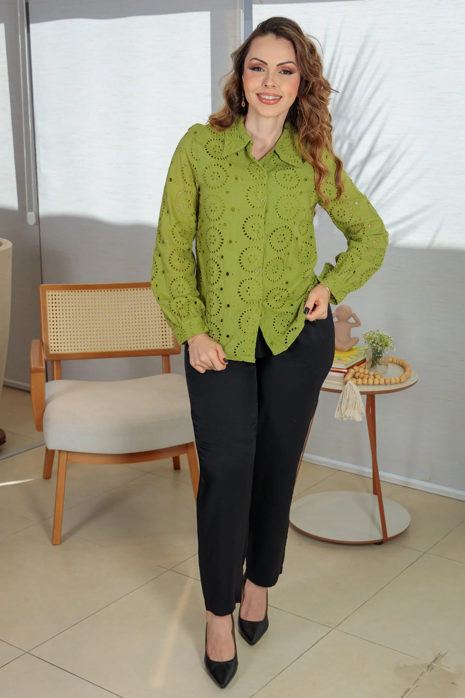 Camisa Manga Longa Em Laise Maia Verde Militar