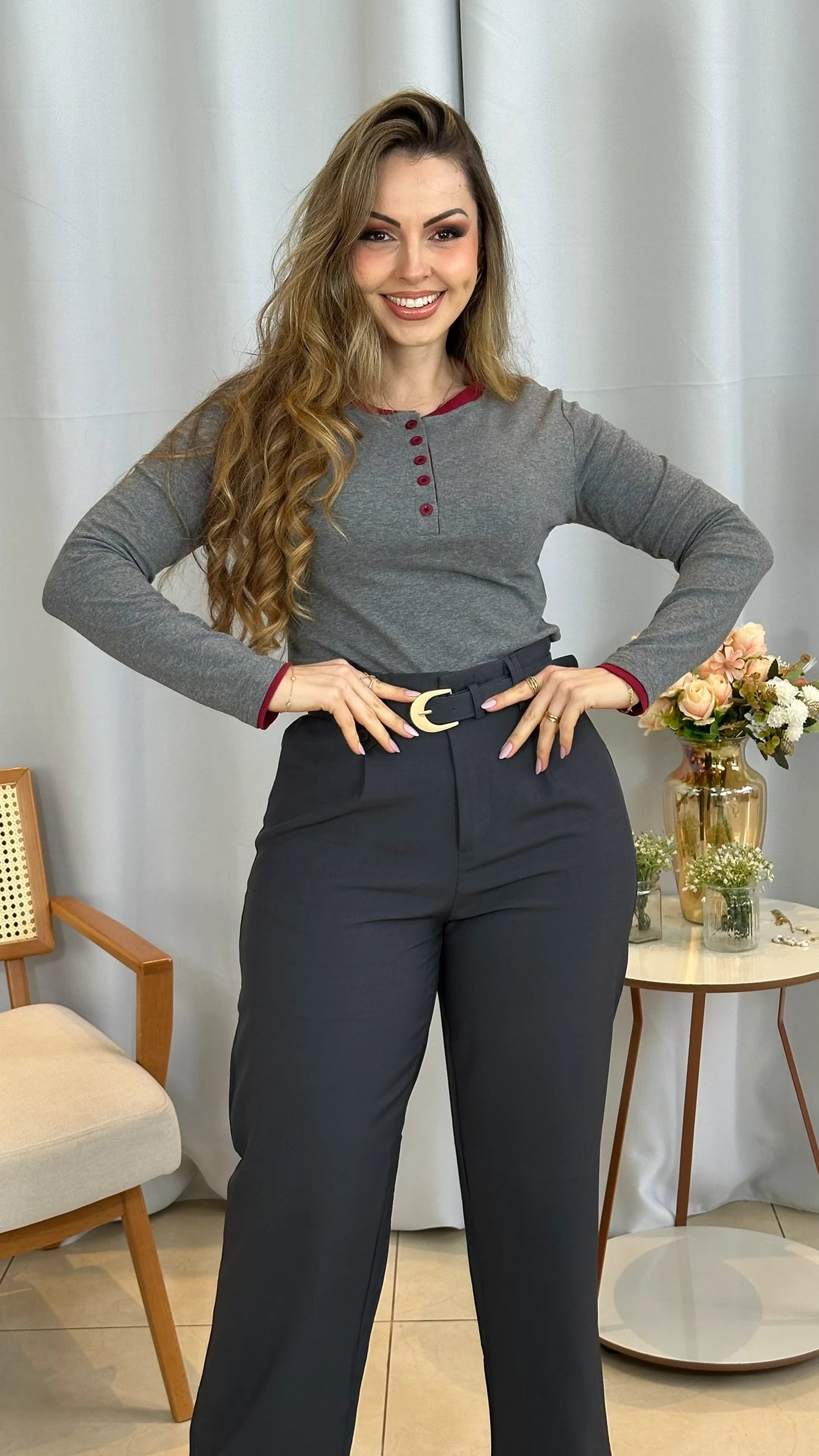 Conjunto: Blusa Helena Cinza + Calça Magda Grafite