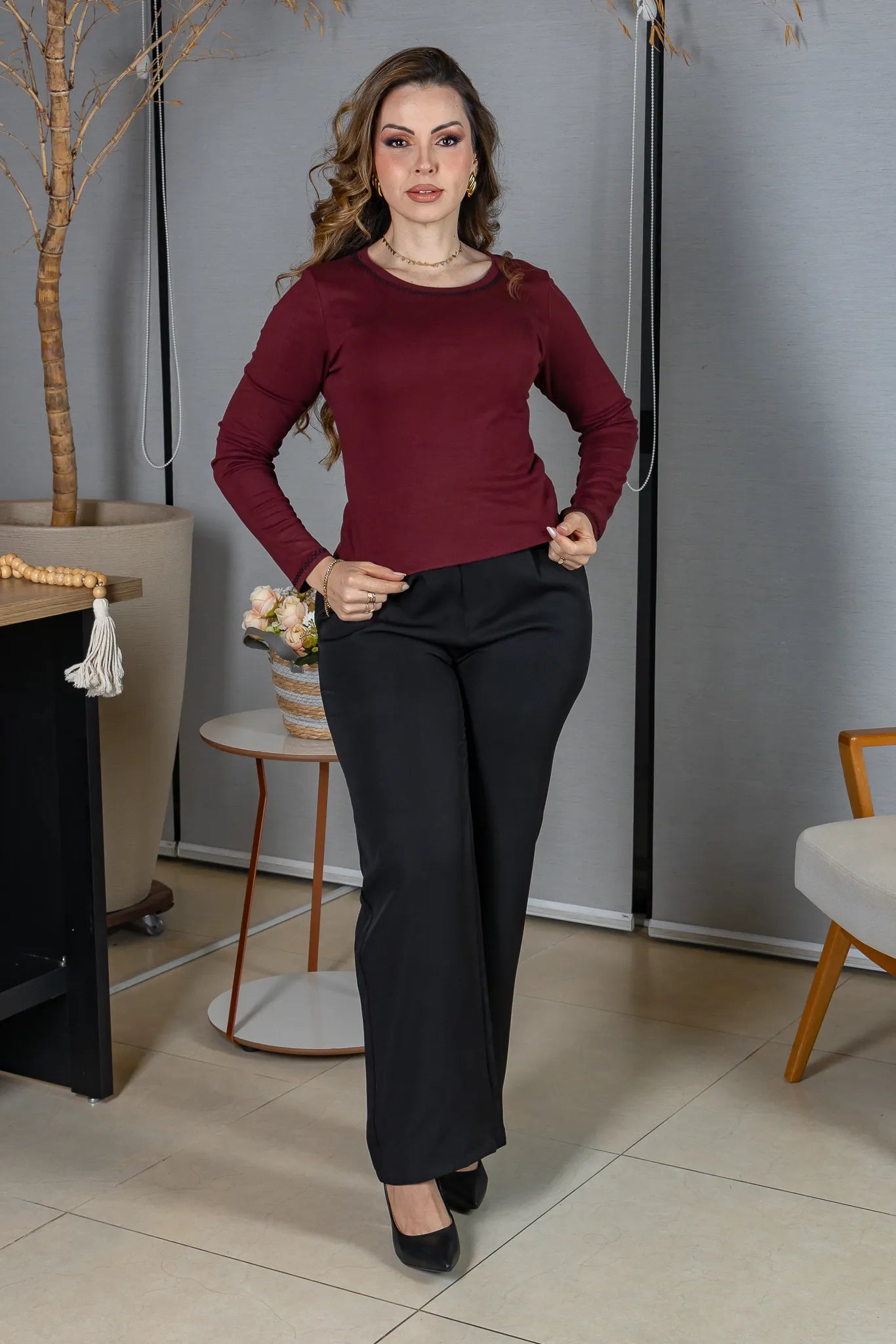 Blusa Manga Longa em Viscolycra com Ponto Contrastante Lina Marsala