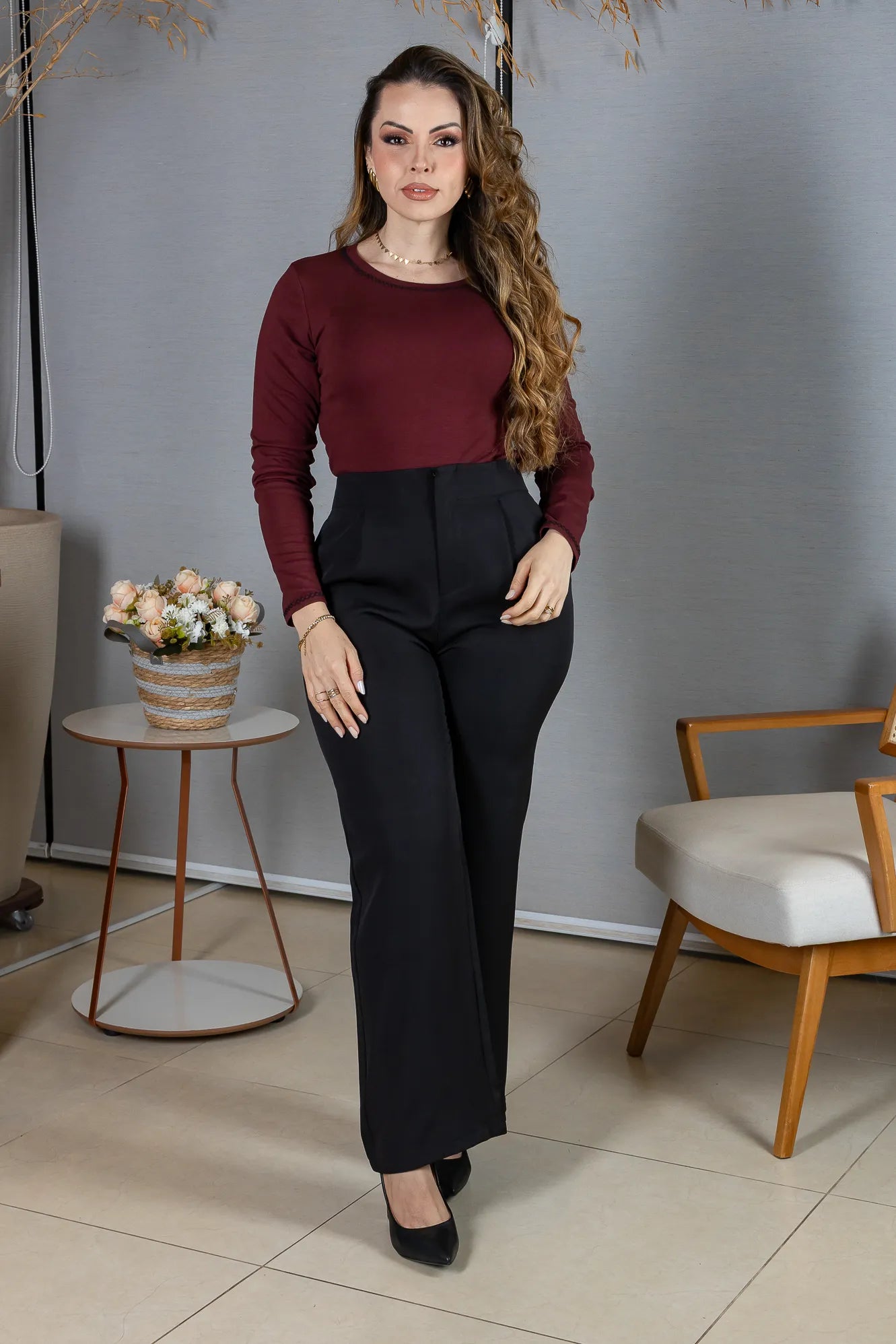 Blusa Manga Longa em Viscolycra com Ponto Contrastante Lina Marsala