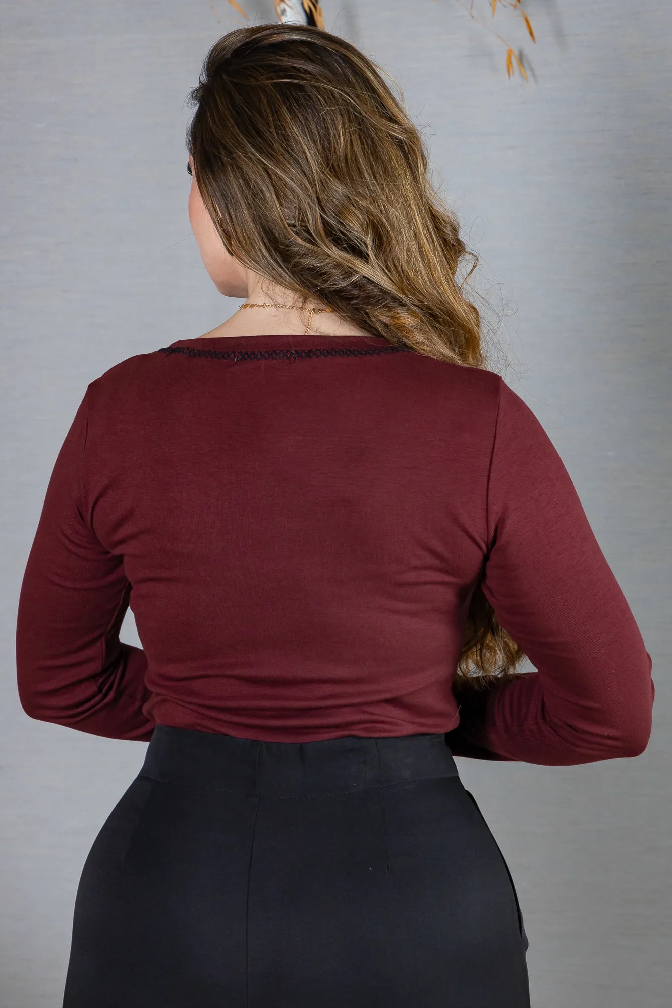 Blusa Manga Longa em Viscolycra com Ponto Contrastante Lina Marsala