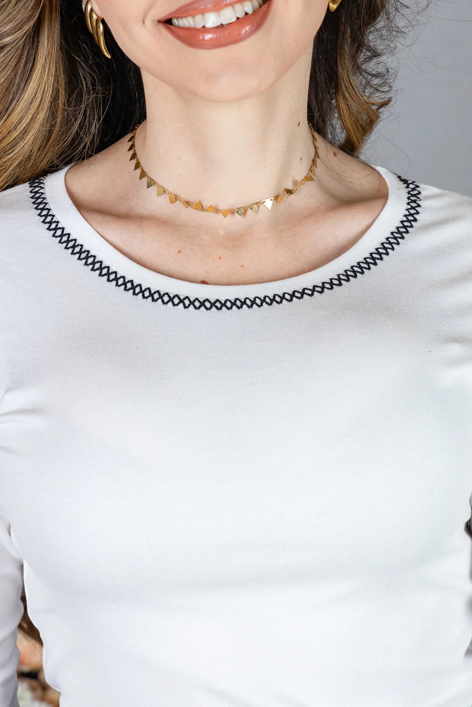 Blusa Manga Longa em Viscolycra com Ponto Contrastante Lina Branca