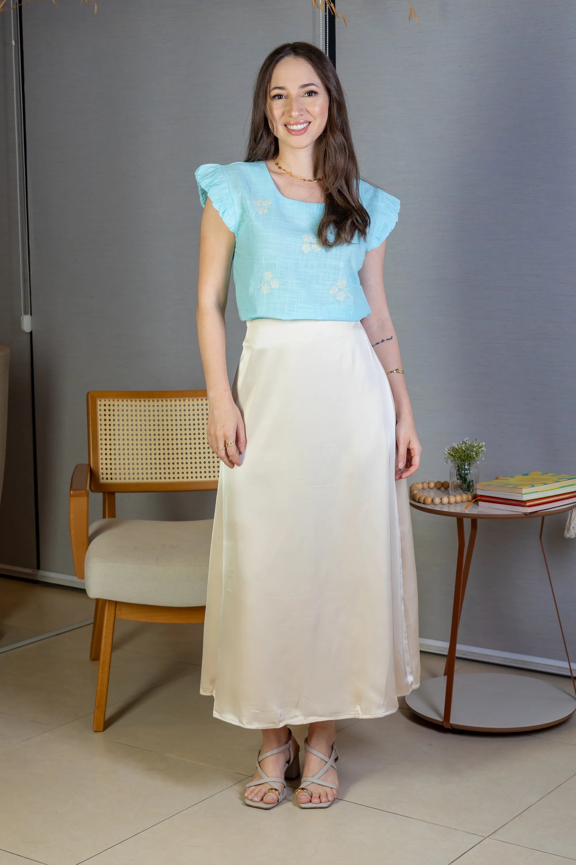 Saia Midi Lisa Sat Mix Magda Creme