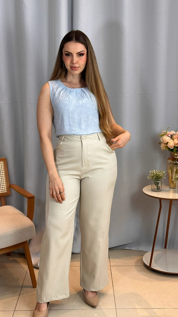 Conjunto: Blusa Ângela Azul + Calça Joyce Creme
