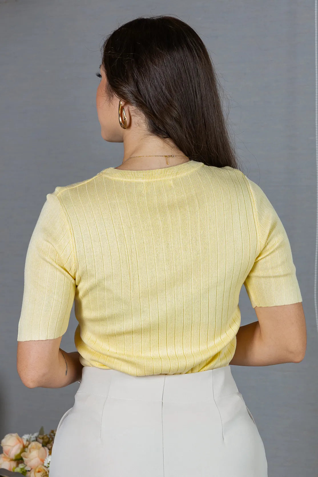 Blusa Manga Curta em Modal Canelado com Meia Gola Paloma Amarelo Manteiga
