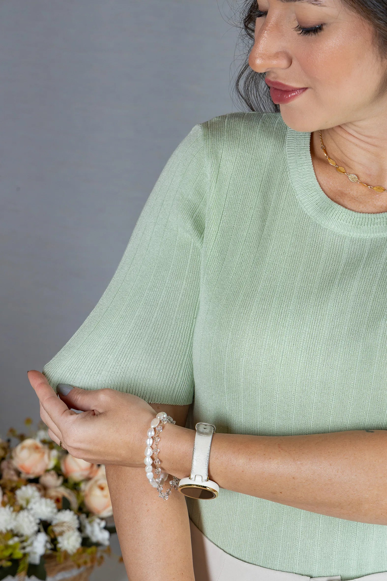 Blusa Manga Curta em Modal Canelado com Meia Gola Paloma Verde