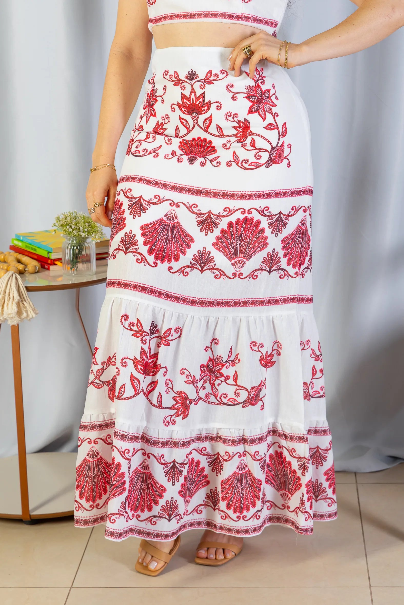 Saia Longa Camadas Crepe Soft Marina Ruy Estampada Vermelha
