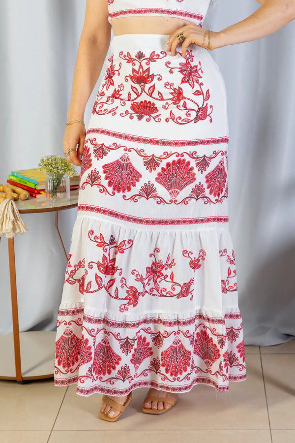 Saia Longa Camadas Crepe Soft Marina Ruy Estampada Vermelha