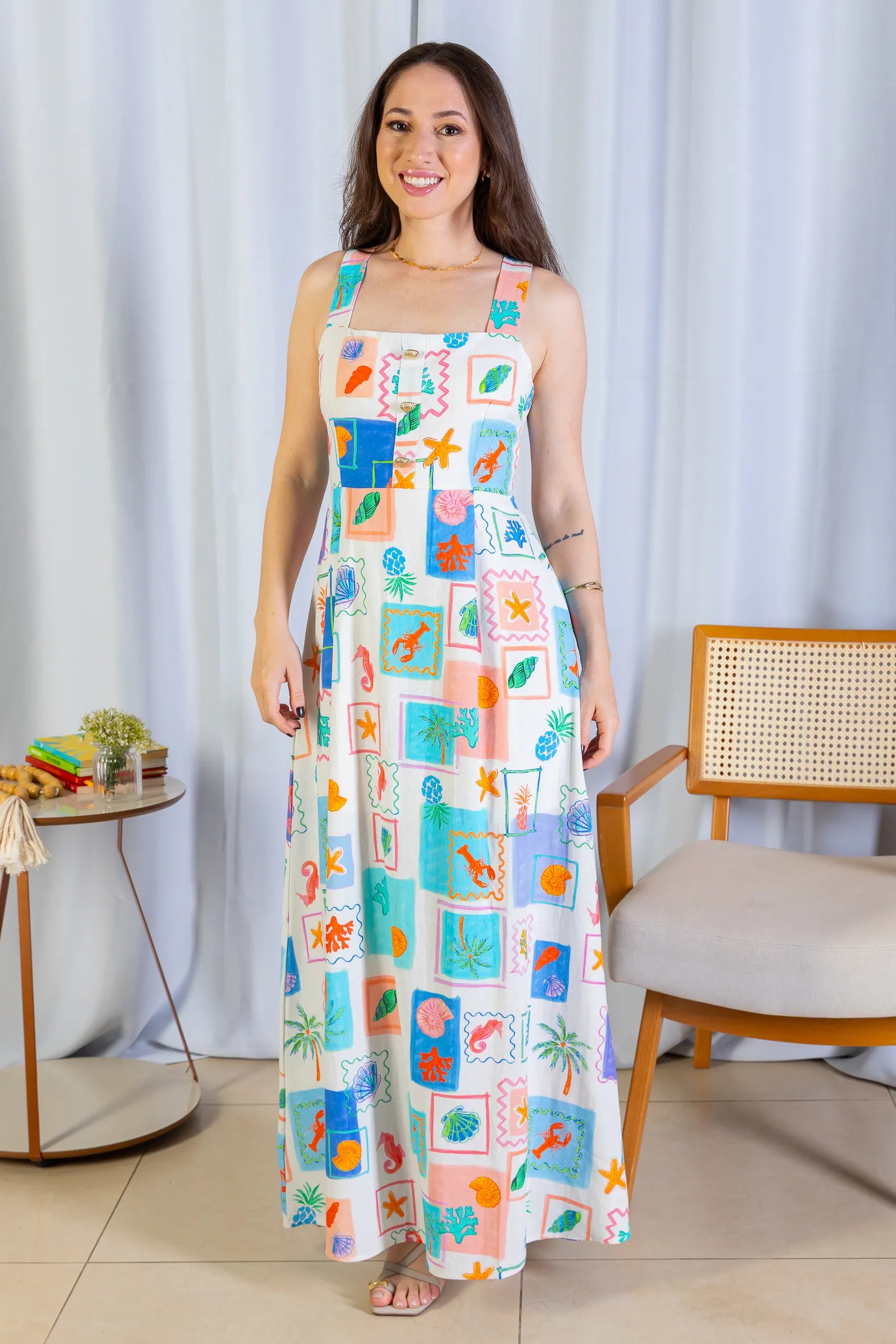 Vestido Longo Amarração Cotton Mix Ísis Valverde Estampado Azul