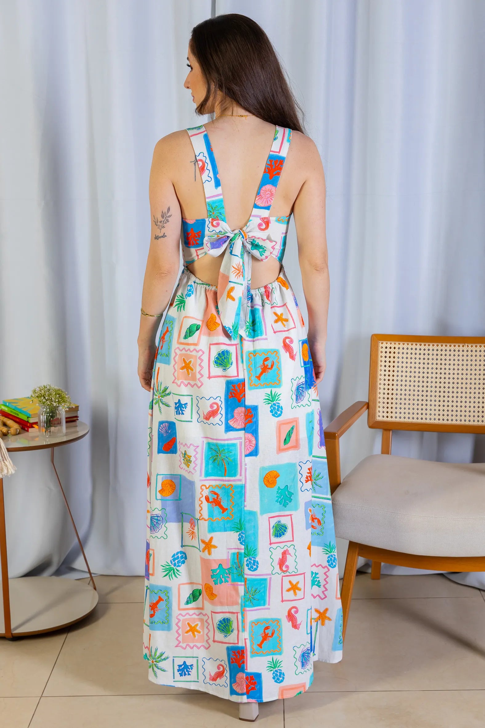 Vestido Longo Amarração Cotton Mix Ísis Valverde Estampado Azul