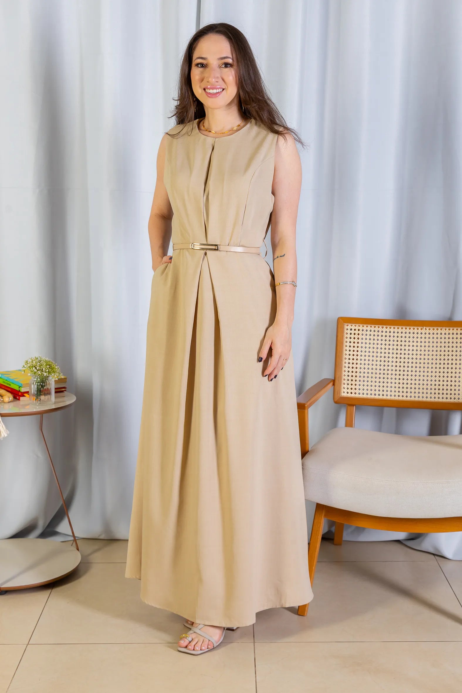 Vestido Longo Detalhe Cinto Patrícia Poeta Bege