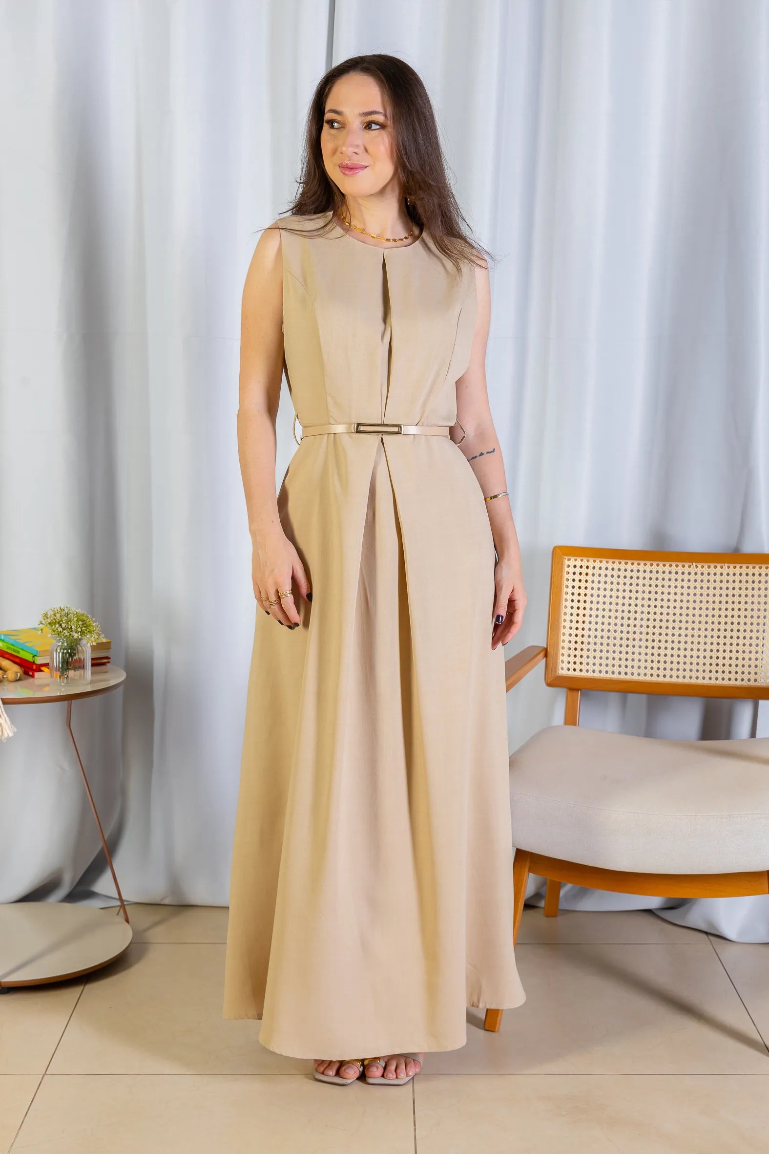Vestido Longo Detalhe Cinto Patrícia Poeta Bege