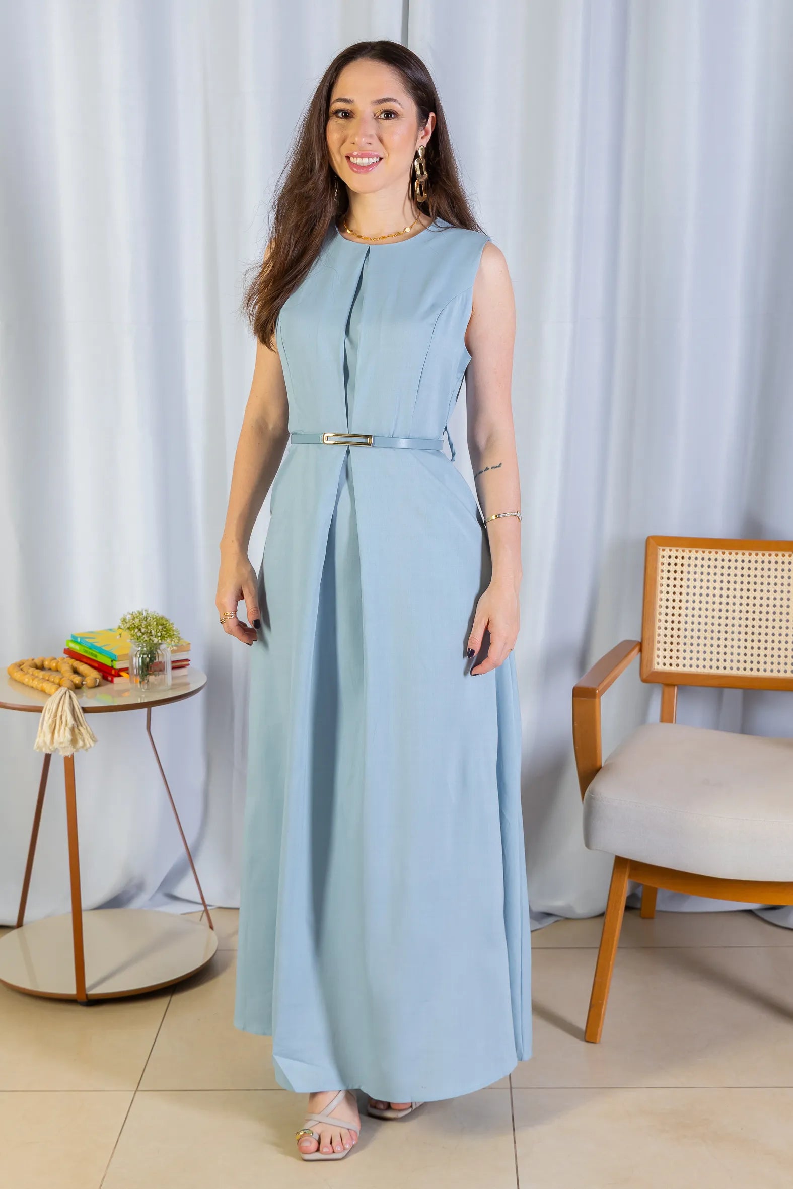 Vestido Longo Detalhe Cinto Patrícia Poeta Azul