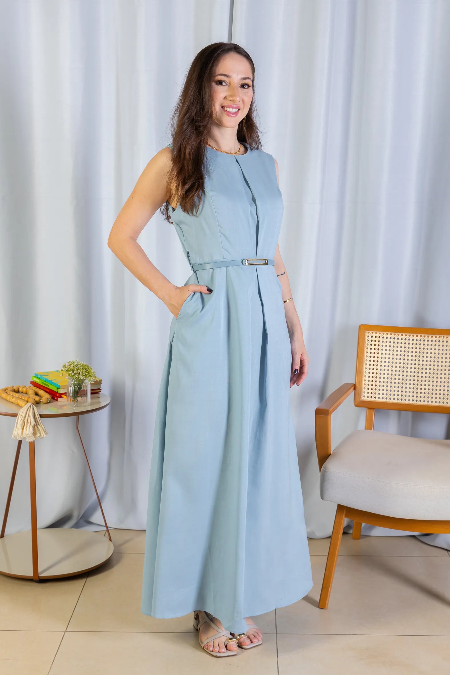 Vestido Longo Detalhe Cinto Patrícia Poeta Azul