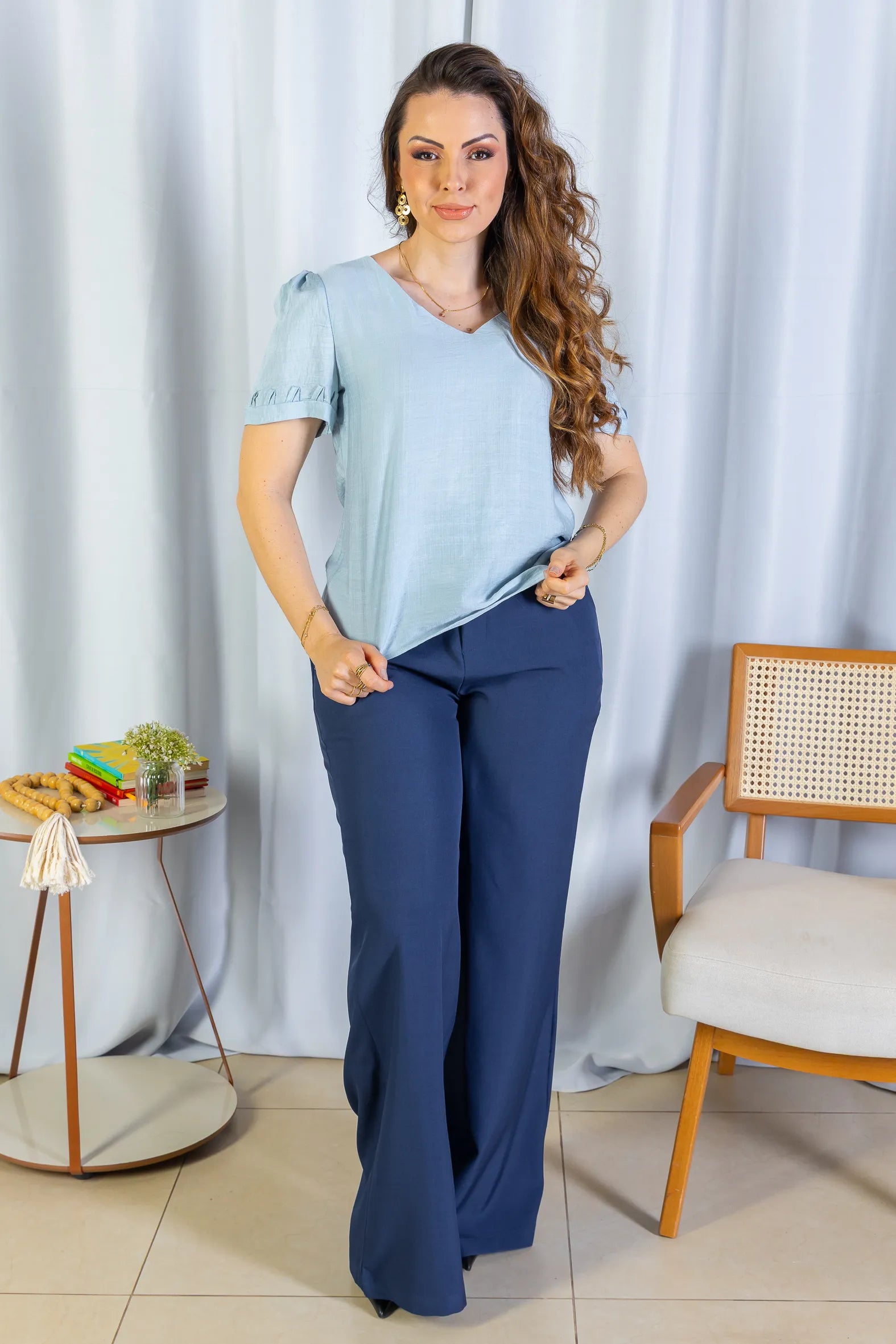 Blusa Manga Curta Decote "V" Visco Nature Gal Costa Azul