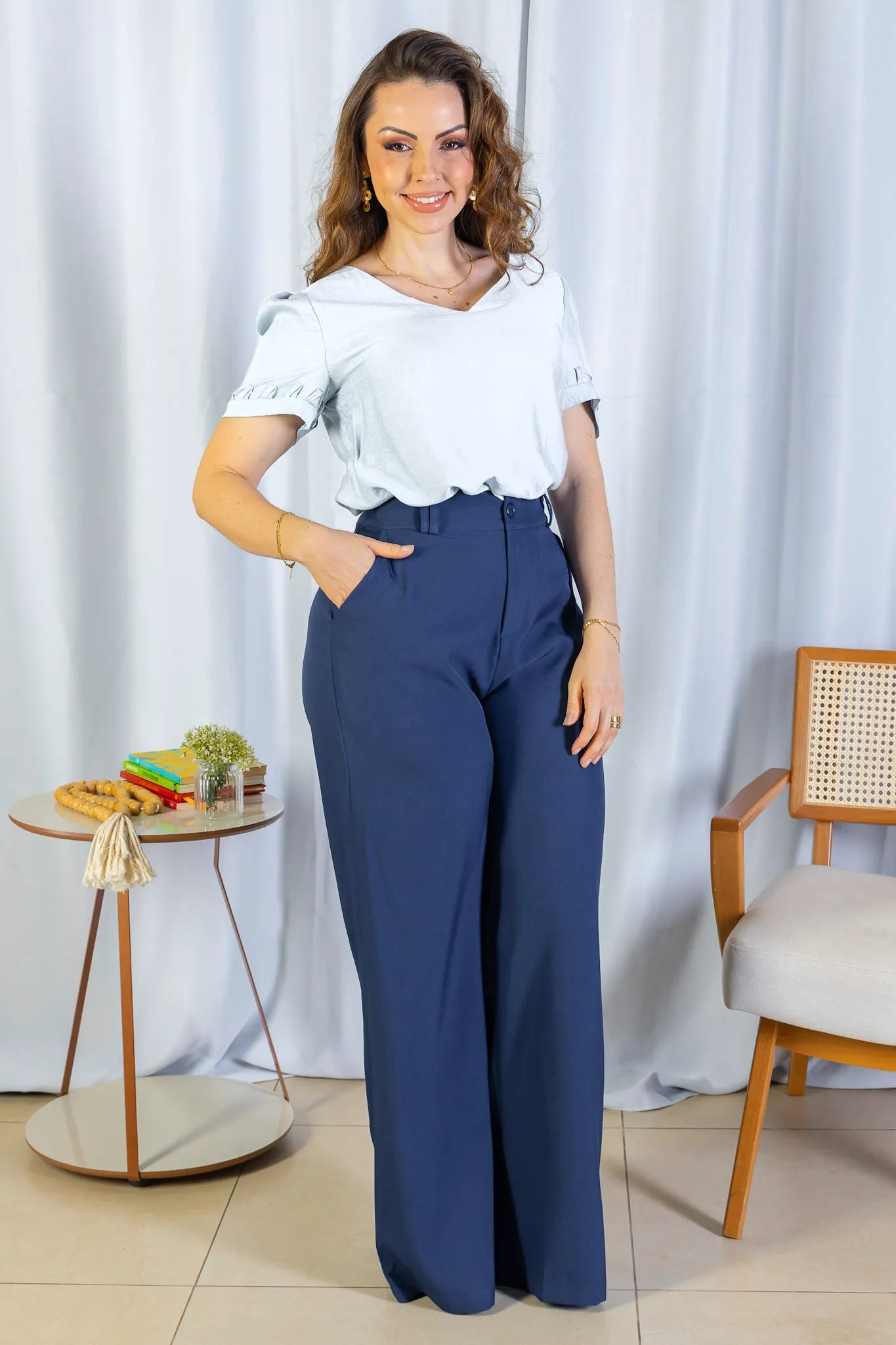 Blusa Manga Curta Decote "V" Visco Nature Gal Costa Branca